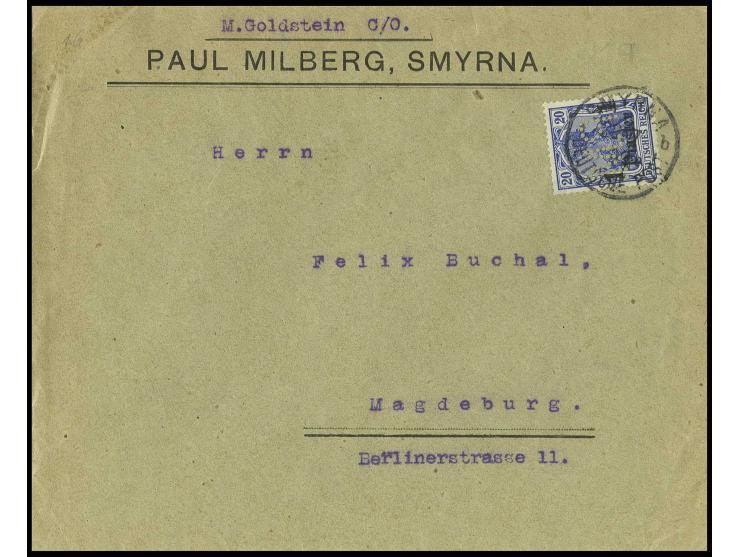 1 Pia. mit Firmenlochung "P.M." (Paul Milberg) mit Stempel "SMYRNA 20.07.09" auf Vordruckbrief nach Magdeburg, Pracht