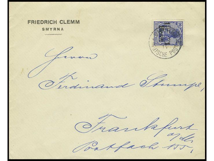 1 Pia. mit Firmenlochung "F.C." (Friedrich Clemm) mit Stempel "SMYRNA 24.3.14" auf Vordruckbrief nach Frankfurt, Pracht