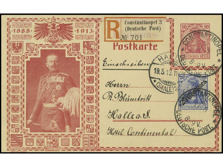 1908, 25 C., 50 C. und 100 C. jeweils auf Privat-Ganzsachenkarten Regierungsjubiläum 10 Pfg., 5 Pfg. bzw. 3 Pfg. als R-Karten