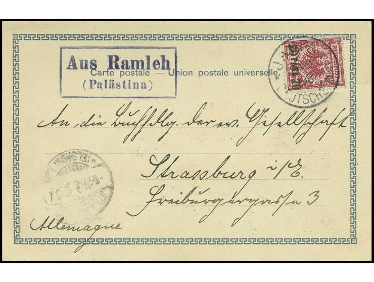 "Aus Ramleh (Palästina)", Ra2 in bläulichschwarz sauber auf Karte von "JAFFA 28 10 98" nach Straßburg mit Ankunftsstempel, se