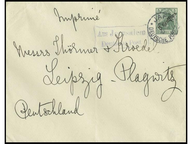 "Aus Jerusalem Deutsche Post", blauvioletter Ra2 auf Ganzsachenumschlag 5 C. von "JAFFA 8.1.10" nach Leipzig, Faltbug
