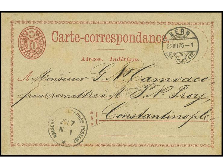 "KAISERLICH DEUTSCHES POSTAMT No1. 29/7" als Ankunftsstempel auf Schweiz-Ganzsachenkarte 10 Cts., rückseitig stärkere Anhaftu