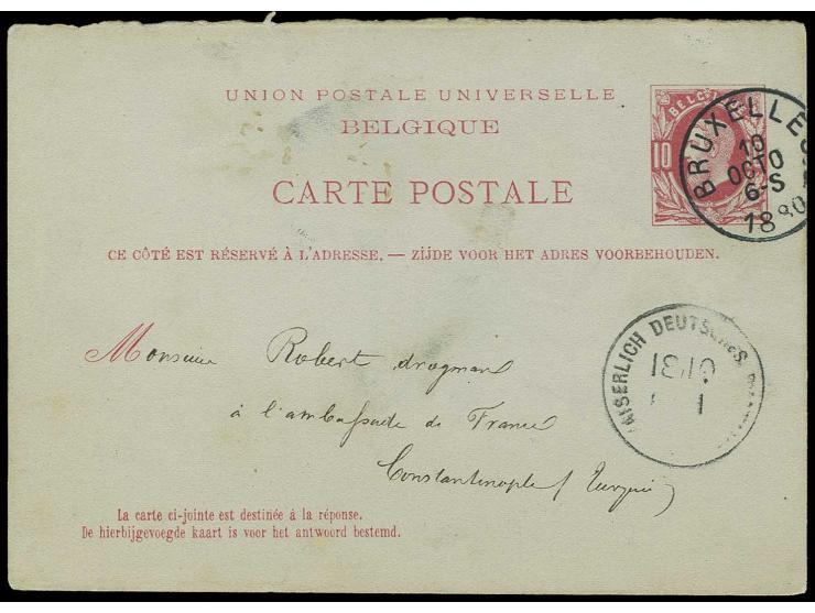 "KAISERLICH DEUTSCHES POSTAMT No. 1 18.10.", klarer Abschlag vorderseitig auf  Ganzsachenkarte 10 C.  aus "BRUXELLES 10.10.80