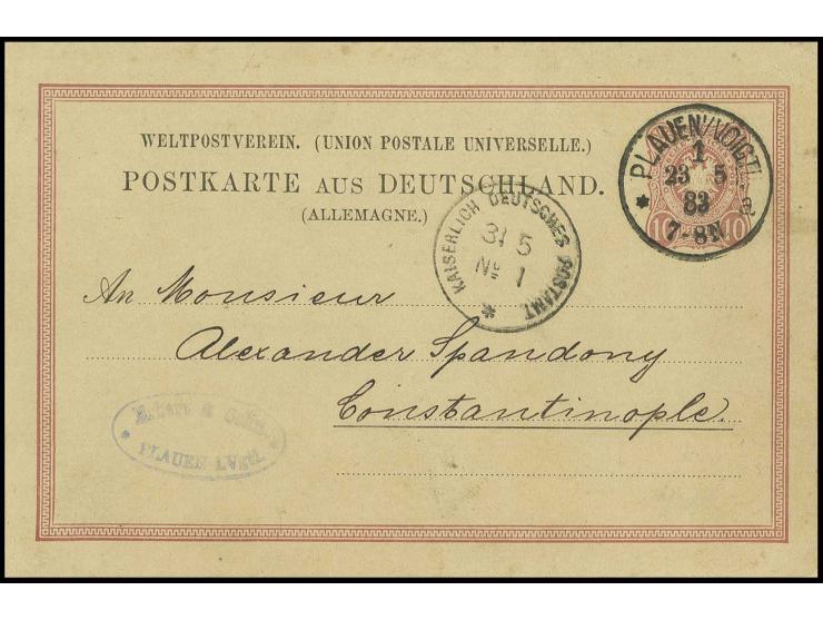 "KAISERLICH DEUTSCHES POSTAMT No. 1 31.5.", klarer Abschlag vorderseitig auf Ganzsachenkarte 10 Pfg  aus Plauen, Pracht