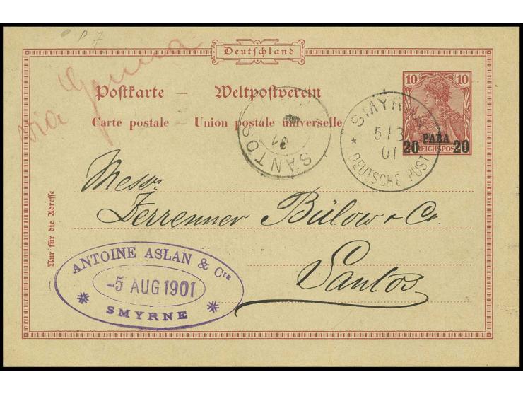 GANZSACHEN: 1900, Karte 20 Pa. mit Stempel "SMYRNA 5.3.01" bedarfsgebraucht mit Leitvermerk "via Genua" nach Santos, Brasilie