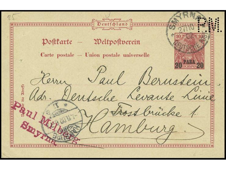 Karte 20 Pa. mit Firmenlochung "P.M." (Paul Milberg) von "SMYRNA 27.10.02" nach Hamburg mit  Ankunfstempel, Pracht