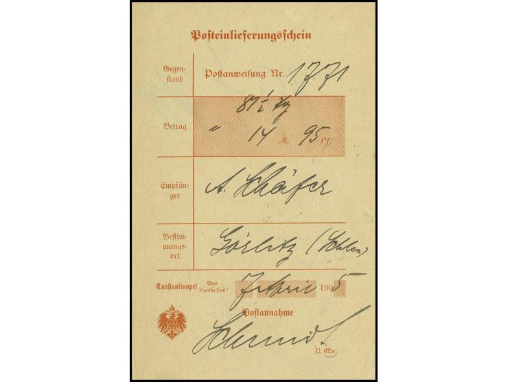 DIVERSES: 1903/05, 5 verschiedenen Posteinlieferungsscheine mit Vordrucken aus Constantinopel, dabei die Ortsteile Galata, Pe