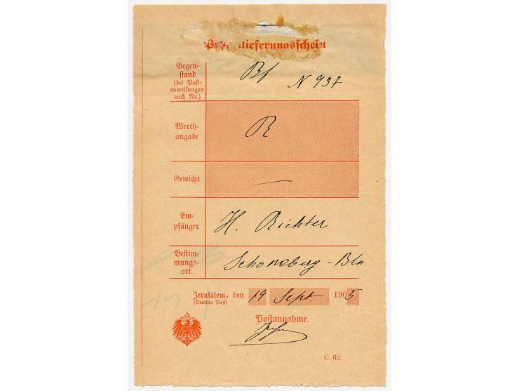 1905, Posteinlieferungsschein mit Vordruck "Jerusalem" für einen R-Brief nach Berlin, oben mit hinterlegter Fehlstelle