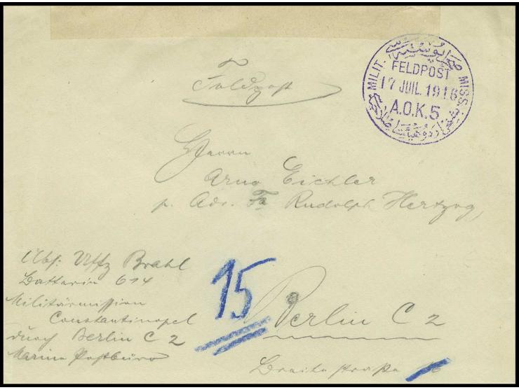 MILITÄRMISSION: 1916, "FELDPOST A.O.K.5 / 17 JUIL. 1916" in violett auf Brief nach Berlin mit Zensurbanderole, Pracht