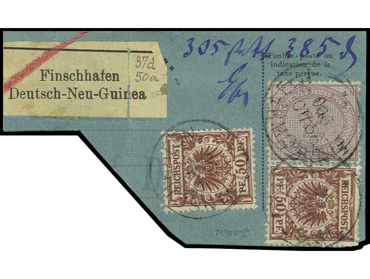 2 M. stumpfviolettpurpur und zweimal 50 Pfg. lebhaftbräunlichrot mit Stempel "FINSCHHAFEN 9/10 90" auf Paketkartenauschnitt, 