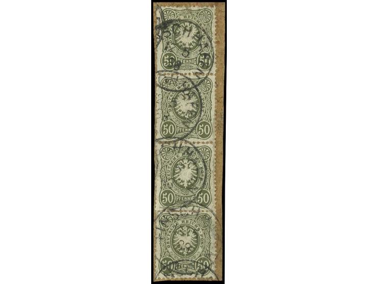 50 Pfg. dunkeloliv im senkrechten Viererstreifen mit jeweils Stempel "FINSCHHAFEN 12/5 88" auf Briefstück, zweite Marke von u