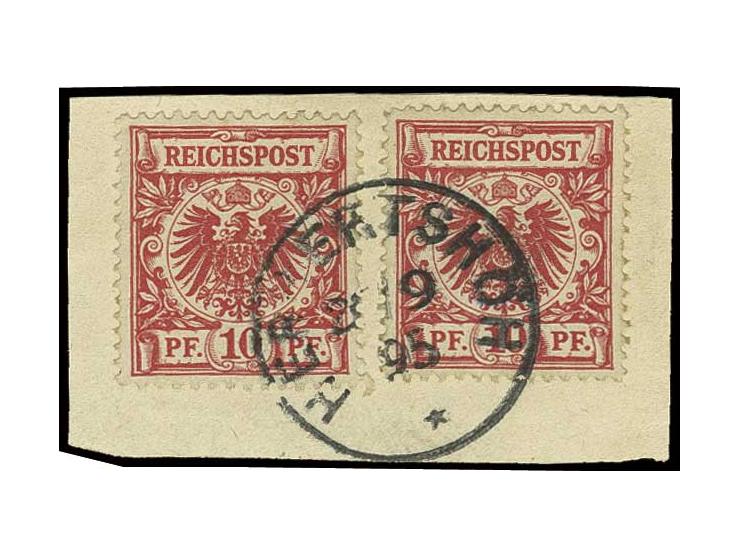 10 Pfg.mittelrot, zwei Stück mit Stempel "HERBERTSHÖH 2?/9/95" auf Briefstück, rechte Marke rechts ein fehlender Zahn, sonst 