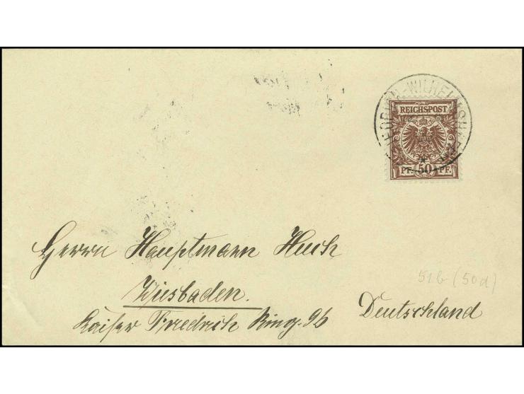 25 Pfg. gelborange und 50 Pfg. lebhaftrotbraun, jeweils mit Stempel "FRIEDRICH-WILHELMSHAFEN 28/4 00" auf zwei Briefen nach W