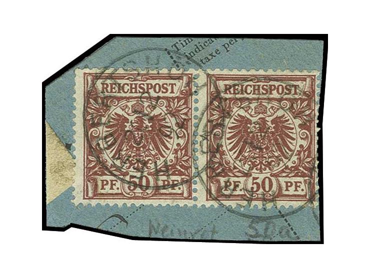 50 Pfg. lebhaftbräunlichrot im waagerechten Paar mit Stempel "HERBERTSHÖH 20/2 92" auf Paketkartenabschnitt, Kabinett, Fotoat