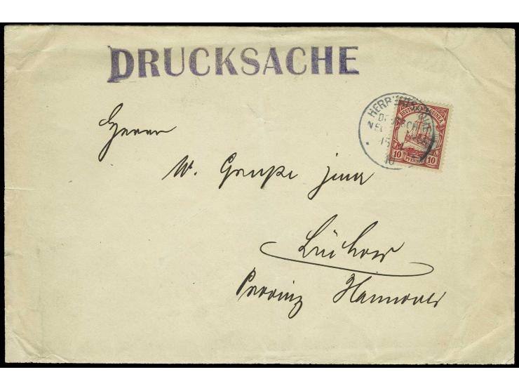 10 Pfg. mit Stempel "HERBERTSHÖHE 15.1.10" auf Drucksachenumschlag nach Deutschland, Randspuren und rückseitig mit Beschriftu