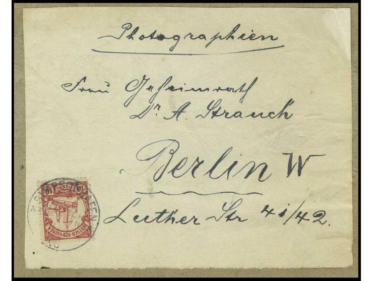 10 Pfg. (kleiner Eckfehler) mit Stempel "SIMPSONHAFEN 11.2.08" auf Drucksachen-Adressenträgerteil mit handschriftlichem Verme