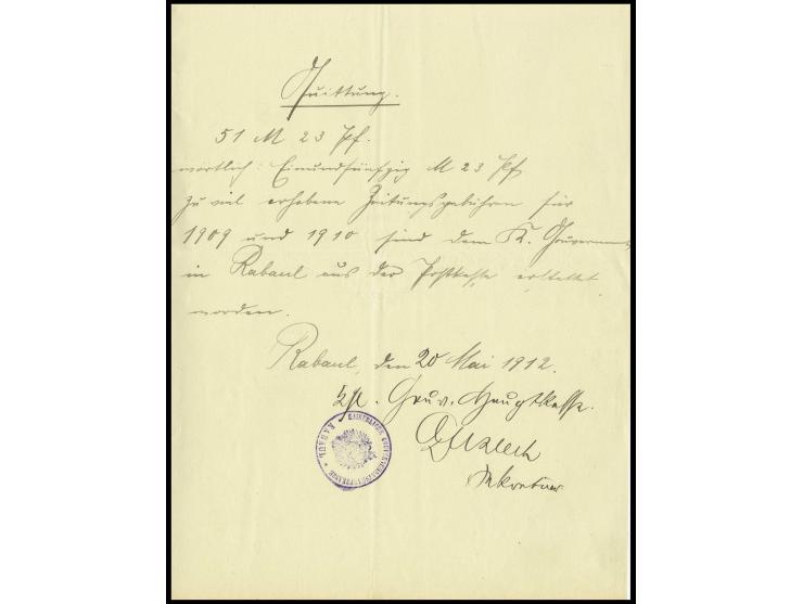 Stempel: 1912, "KAISERLICHE GOUVERNEMENTSHAUPTKASSE RABAUL", violettes Dienstsiegel auf hsl. Geld-Quittung, übliche Faltspure