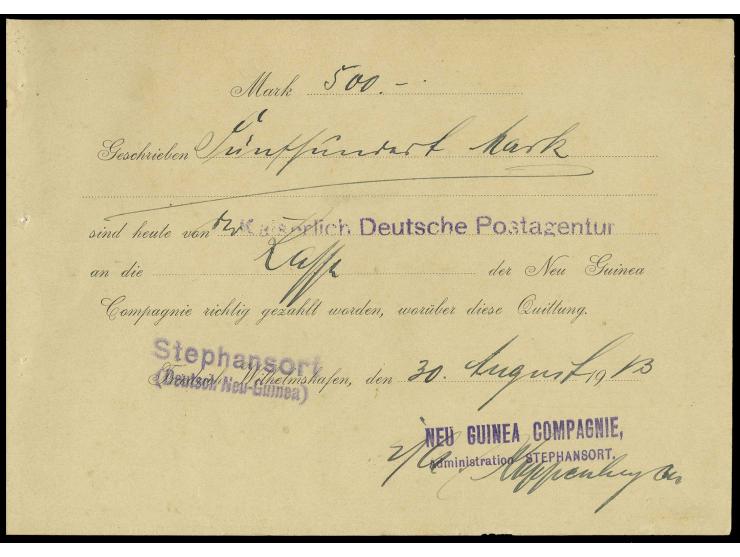 1913, "Stephansort (DNG)", violetter L2 auf Vordruck-Geldquittung der Neu Guinea Compagnie, leichte Spuren