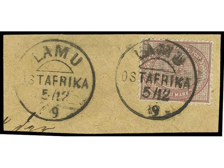 LAMU: 2 M. mittelrosalila mit Stempel "LAMU 5/12 89" auf Briefstück, dort der Stempel nochmals abgeschlagen, Kabinett, Fotoat