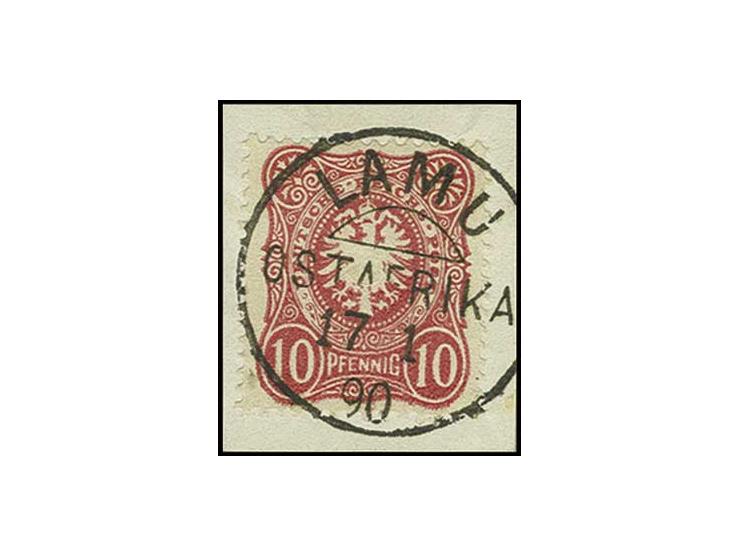 10 Pfg. dunkelrosarot mit Stempel "LAMU 17 1 90" auf kleinem Briefstück, Kabinett, sign. Bothe und Fotoattest Jäschke-L. BPP 