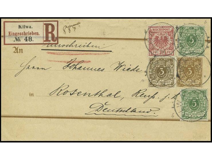DEUTSCH-OSTAFRIKA: 3 Pfg. gelblichbraun, 5 Pfg. gelblichgrün (2) und 10 Pfg. lebhaftrosarot mit Stempel "KILWA 92" (ohne Datu