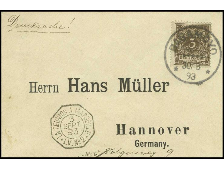 3 Pfg. mittelbraun mit Stempel "BAGAMOYO 30.8.93" auf Vordruck-Drucksachenumschlag via Zanzibar und Frankreich nach Deutschla