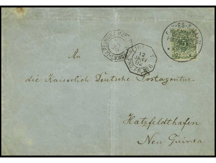 5 Pfg. gelblichgrün mit Stempel "KDPA DAR-ES-SALAAM 20.12.91" auf Drucksachenumschlag via Zanzibar und Sydney nach Hatzfeldth