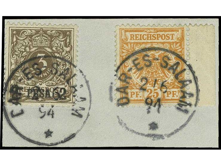 25 Pfg. gelborange mit rechtem Rand und 3 Pfg. mittelbraun jeweils mit klarem Stempel "DAR-ES-SALAAM 2/6 94" auf Briefstück, 