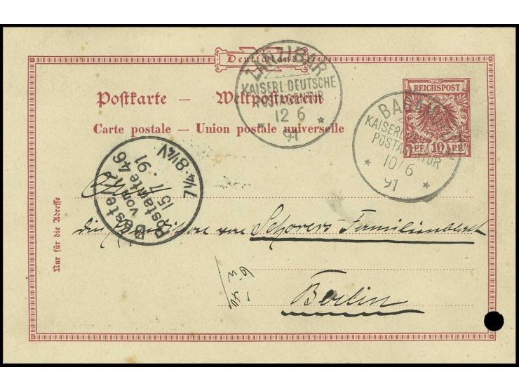 Ganzsachenkarte 10 Pfg., geschrieben in "Mpwapwa 17.V.91", gestempelt "BAGAMOYO 10/6 91" über "ZANZIBAR KDPA 12 6 91" nach Be