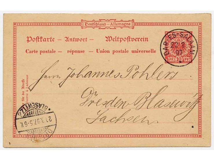Antwort-Ganzsachenkarte 10 Pfg. mit Stempel "DAR-ES-SALAAM 22.2.97", bedarfsgebraucht mit viel Text nach Dresden mit Ankunfts