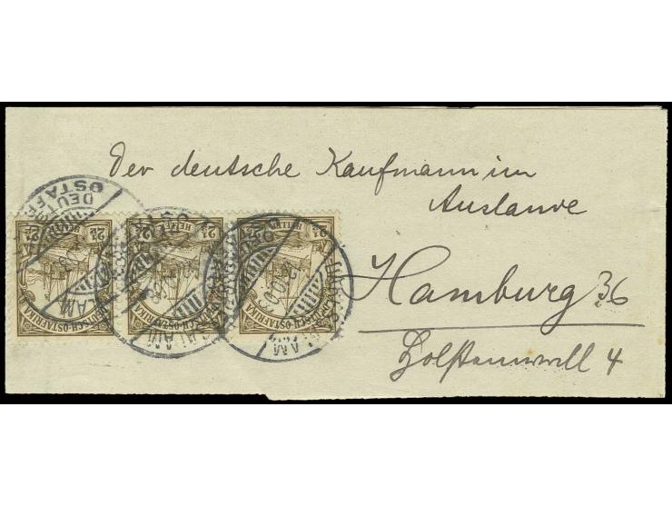 1905/19, 2 1/2 H. im waagerechten 3er-Streifen mit Stempel "DARESSALAAM 12.10.08" auf portogerechtem Drucksachenstreifband üb