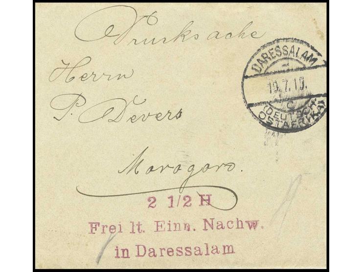 VORAUSFRANKATUREN: Daressalam: 1915, "2 1/2 H Frei lt. Einn. Nachw. in Daressalam", L3 in rot auf Drucksachenstreifband mit S