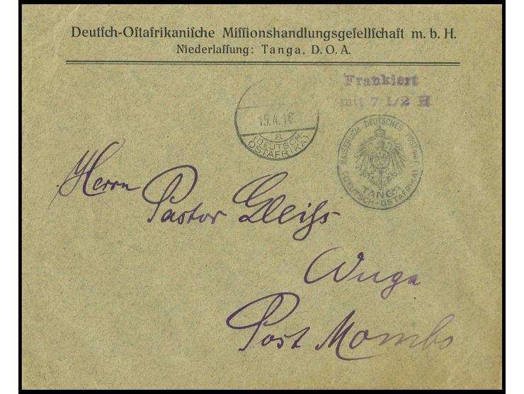 1916, "Frankiert/mit 7 1/2 H." auf Umschlag der Missionshandelsgesellschaft mit Stempel "TANGA 15.4.16" nach Wuga, Post Mombo