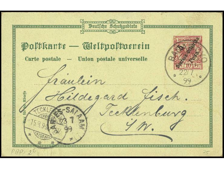Privatganzsachenkarte 5 P. "Gruss aus Bagamoyo" mit Text und Stempel "BAGAMOYO 22/7 99" über Dar-es-Salaam nach Tecklenburg m
