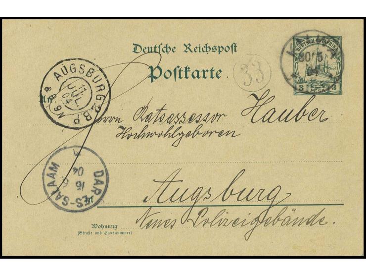 1900, Karte 3 P. mit Stempel "KILWA 30.5." nach Augsburg mit Ankunftstempel, rückseitig mit Absenderangabe "Tschole, Insel Ma
