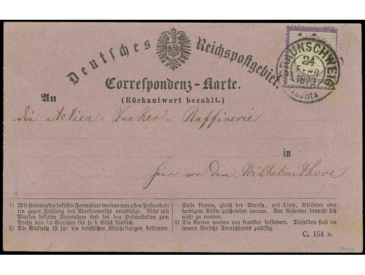 1/4 Groschen grauviolett mit Braunschweig-DKr. "BRAUNSCHWEIG 24 FEBR 1873" auf lilafarbener Antwortkarte, im Ortsverkehr verw