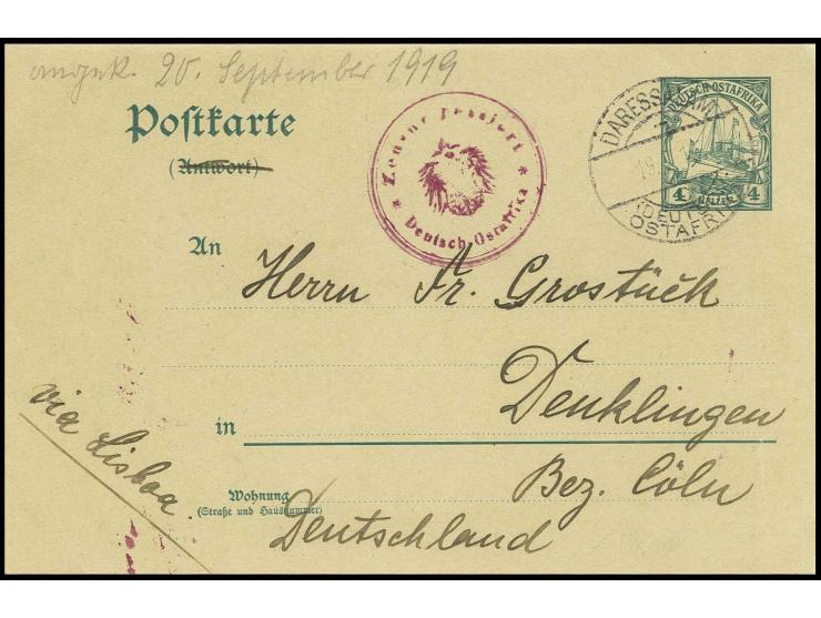 1905, Doppelkarten-Antwortteil 4 H. mit Stempel "DARESSALAM 19.7.15" nach Deutschland mit vorderseitig violettrotem Stempel "