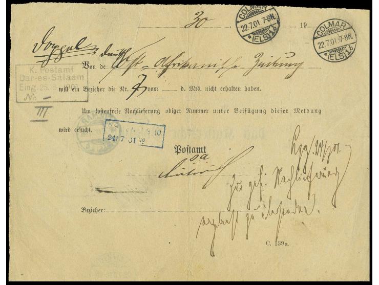 1901, ZEITUNGSSACHE, Vordruck-Formular aus "COLMAR 22.7." nach Leipzig mit Weiterleitung nach Daressalaam mit Eingangsstempel