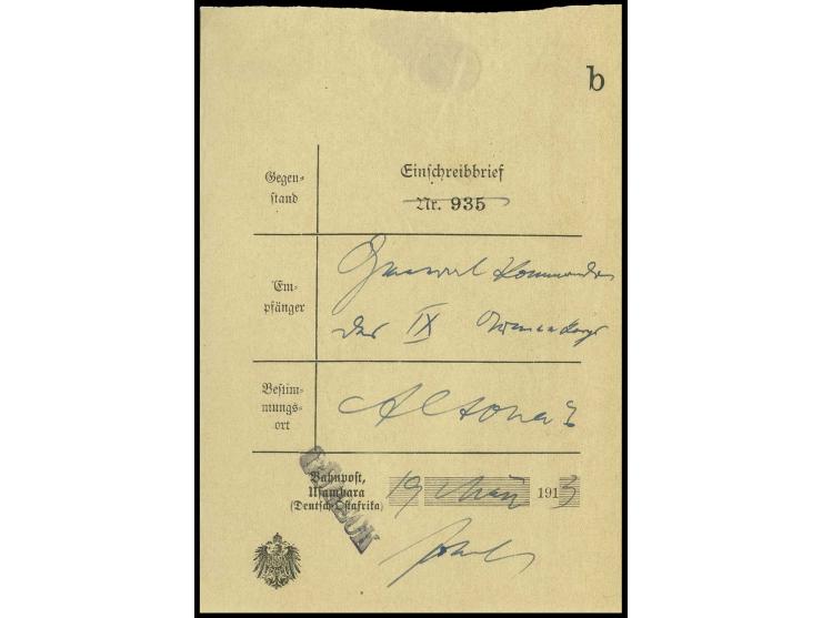 1913, Einlieferungsschein Bahnpost Usambara (DOA) als Aufbrauch im Reichsgebiet mit L1 "LÜBECK", nicht häufige Verwendung!