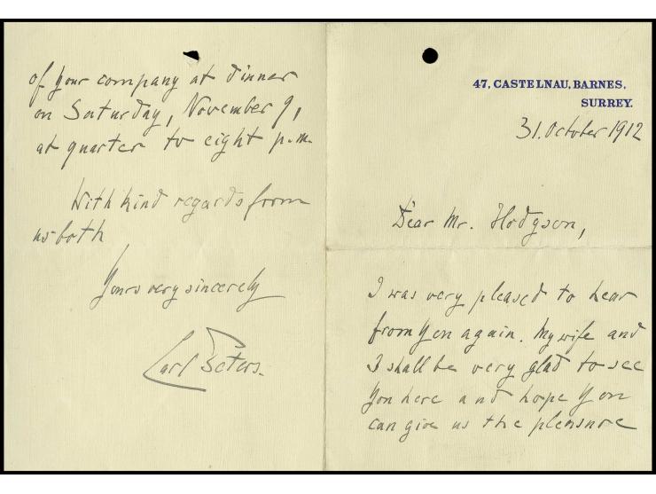 1912, Carl Peters (1856-1918), eigenhändiger 2seitiger Brief (A6) in englischer Sprache vom 30.10.1912 mit eigenhändiger Unte