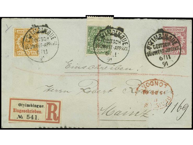 5 Pfg. mit oben Zwischensteg (dort etwas über Rand geklebt) und 25 Pfg. auf Ganzsachenumschlag 10 Pfg. mit Stempel "OTYIMBING