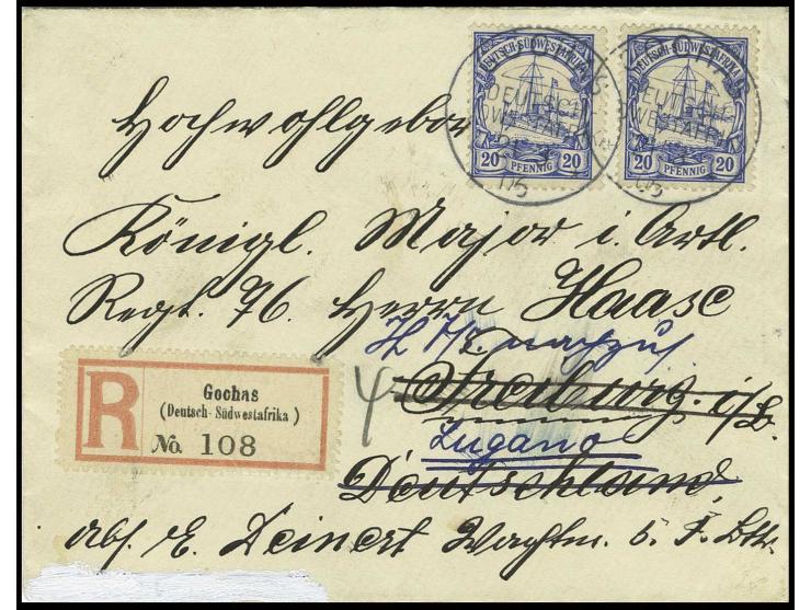 20 Pfg., zwei Werte mit jeweils Stempel "GOCHAS 21 3 06" auf mit Auslands- statt mit Inlandsporto frankiertem R-Brief nach Fr