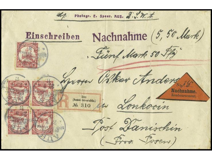 10 Pfg., 4er-Block und Einzelwert (in der Zähnung teils etwas gebräunt) mit jeweils Stempel "AUS 23 8 11" auf R-Nachnahmebrie