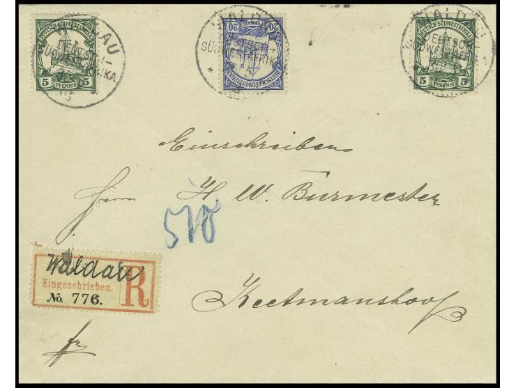"WALDAU 30/5 03" (ohne Sehne), Ersttagsstempel auf 5 (2) und 20 Pfg. auf portogerechtem R-Brief mit Aushilfs-Blanko-R-Zettel 