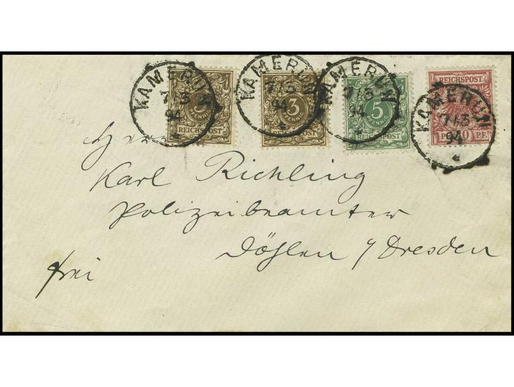 3 Pfg. mittelbraun (2), 5 Pfg. opalgrün und 10 Pfg. lebhaftrosarot mit jeweils Stempel "KAMERUN 7.3.94" auf Brief nach Dresde