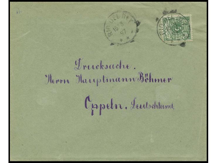 5 Pfg. opalgrün (kurzer Zahn) mit Stempel "RIO DE REY 15.3.97" auf Drucksachenumschlag nach Deutschland, selten mit diesem St