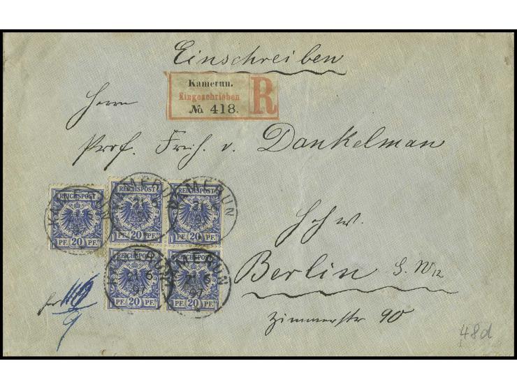 20 Pfg violettultramarin, Viererblock und Einzelmarke (Eckfehler) mit Stempel "KAMERUN 21 6 97" auf R-Brief nach Berlin,  Ums