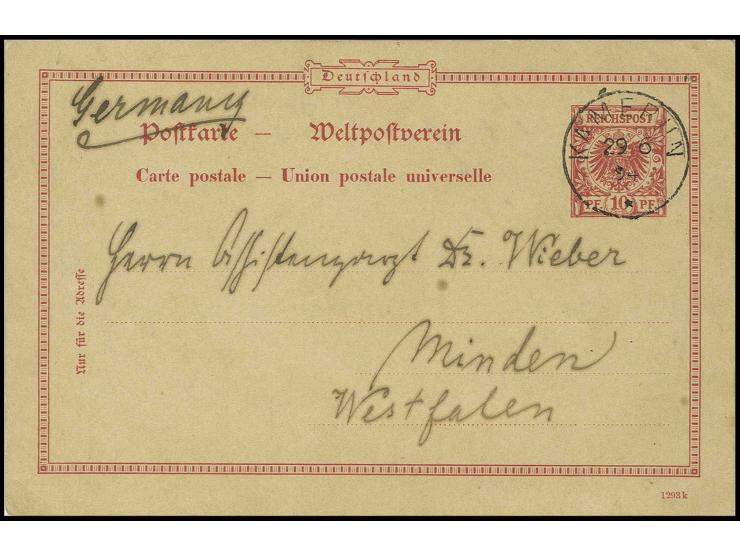 Ganzsachenkarte 10 Pfg. mit Stempel "KAMERUN 29.6.94" und Bedarfstext nach Minden, rückeitig mit Absenderangabe "SMS Sperber"