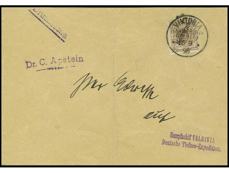 1897/99, 3 Pfg. hellockerbraun mit Stempel "VICTORIA 16.9.98" auf Brief an das Dampfschiff Valdiva/Deutsche Tiefsee-Expeditio