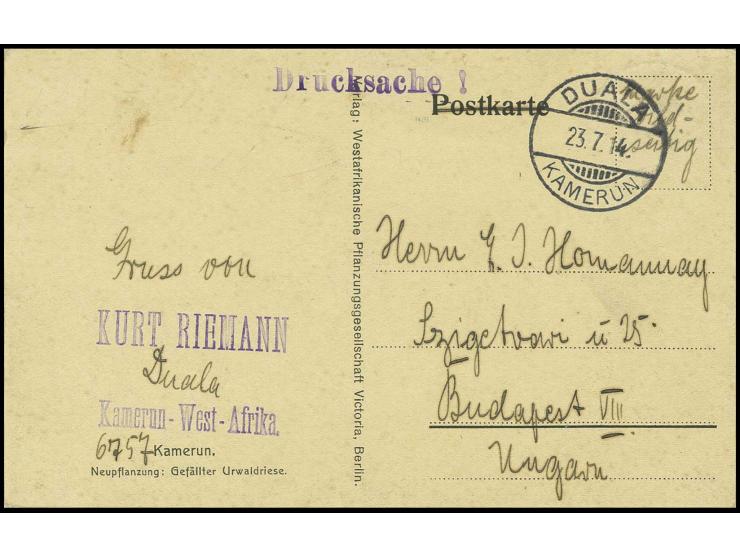 1900, 3 Pfg. mit Stempel "DUALA 23.7.14" rückseitig auf Ansichtskarte als Drucksachenkarte nach Budapest - letzte Post vor de